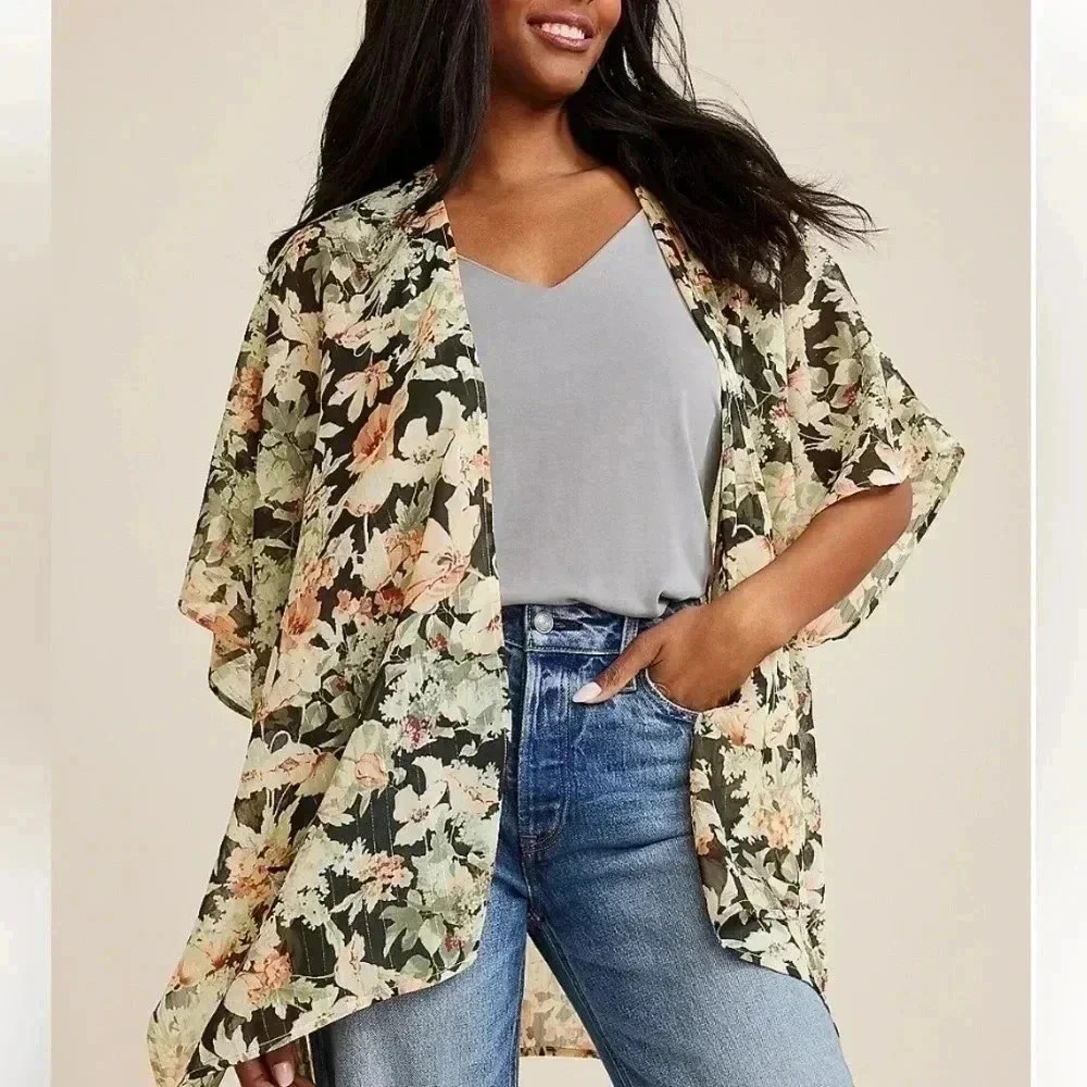 Maurices Floral Kimono Cardigan Green Peach Sheer Gold Lurex One Size NWT